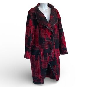 SIMON CHANG wool coat, Red/black great texture shawl collar leather trim. 10